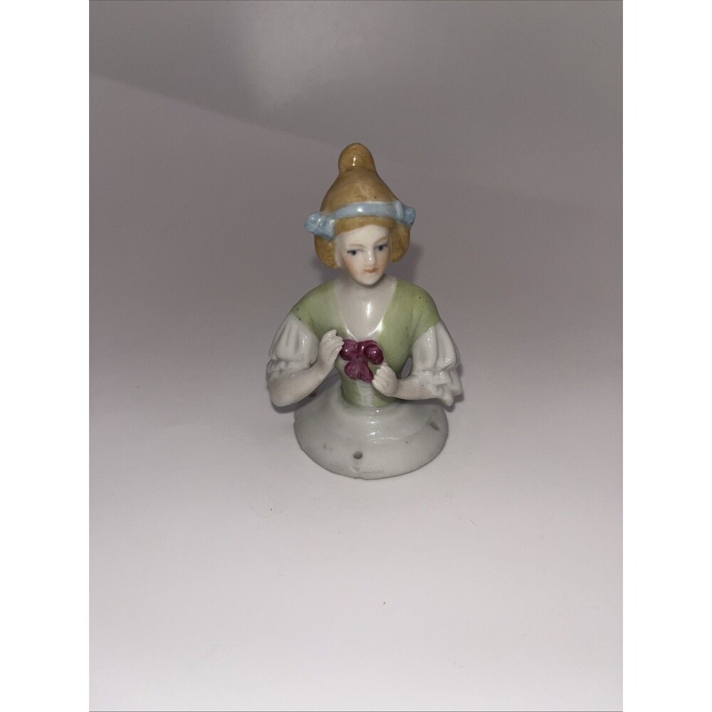 German Porcelain Pin Cushion Half Doll-Victorian Lady 2.5”